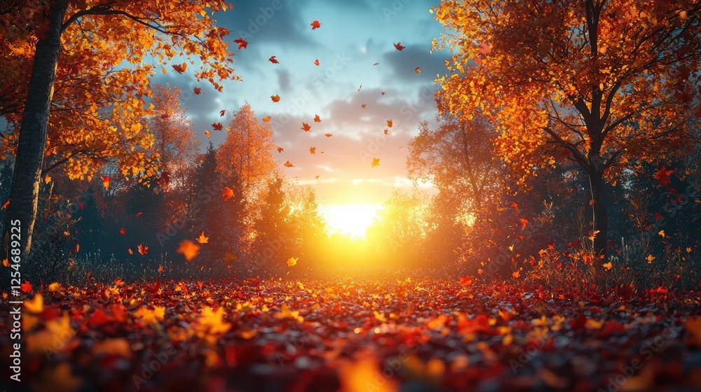 Vibrant autumn landscape with falling leaves, sun setting in the background, serene atmosphere Vibrant autumn landscape with falling leaves, sun setting in the background, serene atmosphere