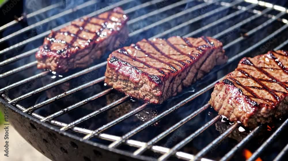 Grilled juicy steaks on barbecue grill with sear marks, savory cooking concept Grilled juicy steaks on barbecue grill with sear marks, savory cooking concept
