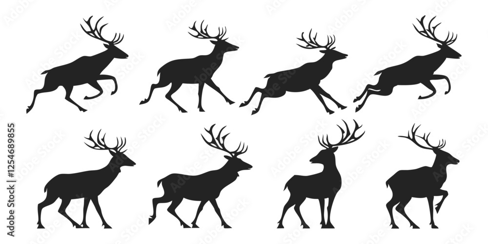 Fototapeta premium Set silhouettes of deers, different poses, black color, isolated on white background Vector illustrations