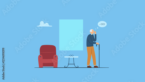 Vector illustration of adult man, senior, elderly with dementia looking for something. Dementia alzheimer design concept with isolated background.