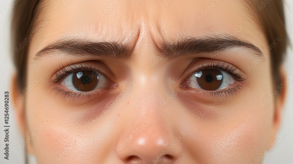 Fototapeta premium Forehead eleven. Wrinkles. Worried, anxious woman. Sleep deficiency, poor sleep. Puffy bags and dark circles under eye area due to sleep debt