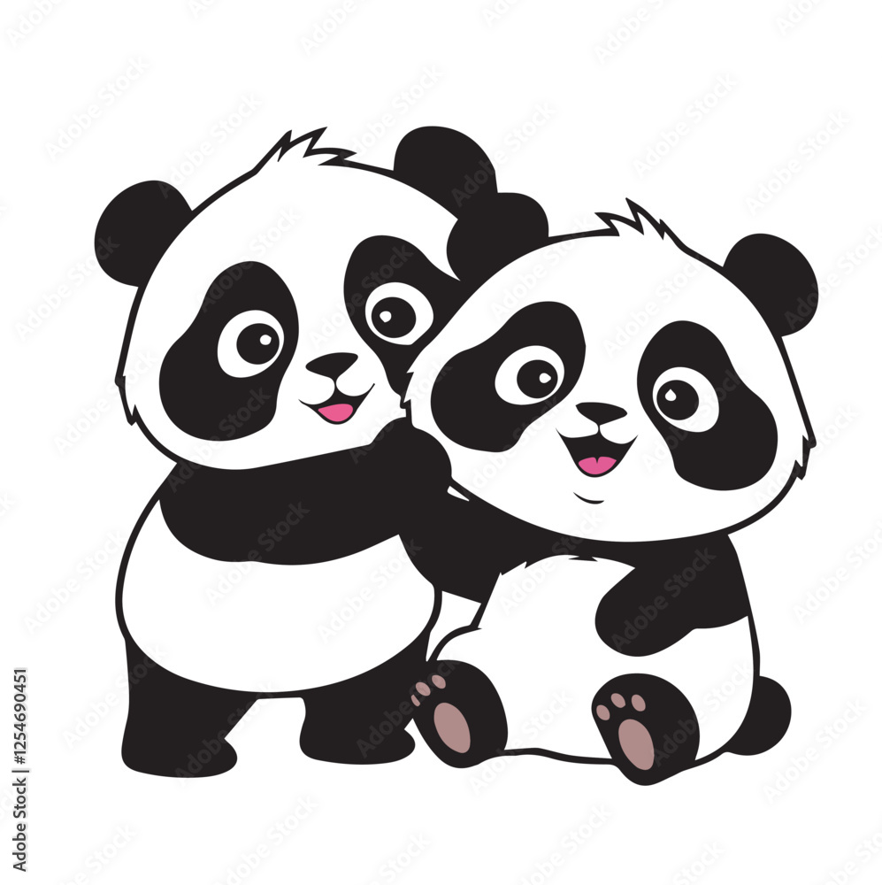 Naklejka premium Two cute cartoon pandas are standing together. One panda is slightly taller and has its arm around the other panda. They both have happy expressions.