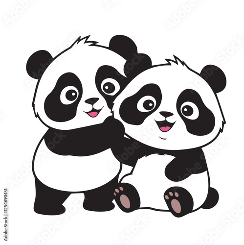 Two cute cartoon pandas are standing together. One panda is slightly taller and has its arm around the other panda. They both have happy expressions.