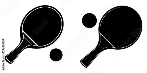 Vector silhouette of a table tennis paddle and ball, on white background.