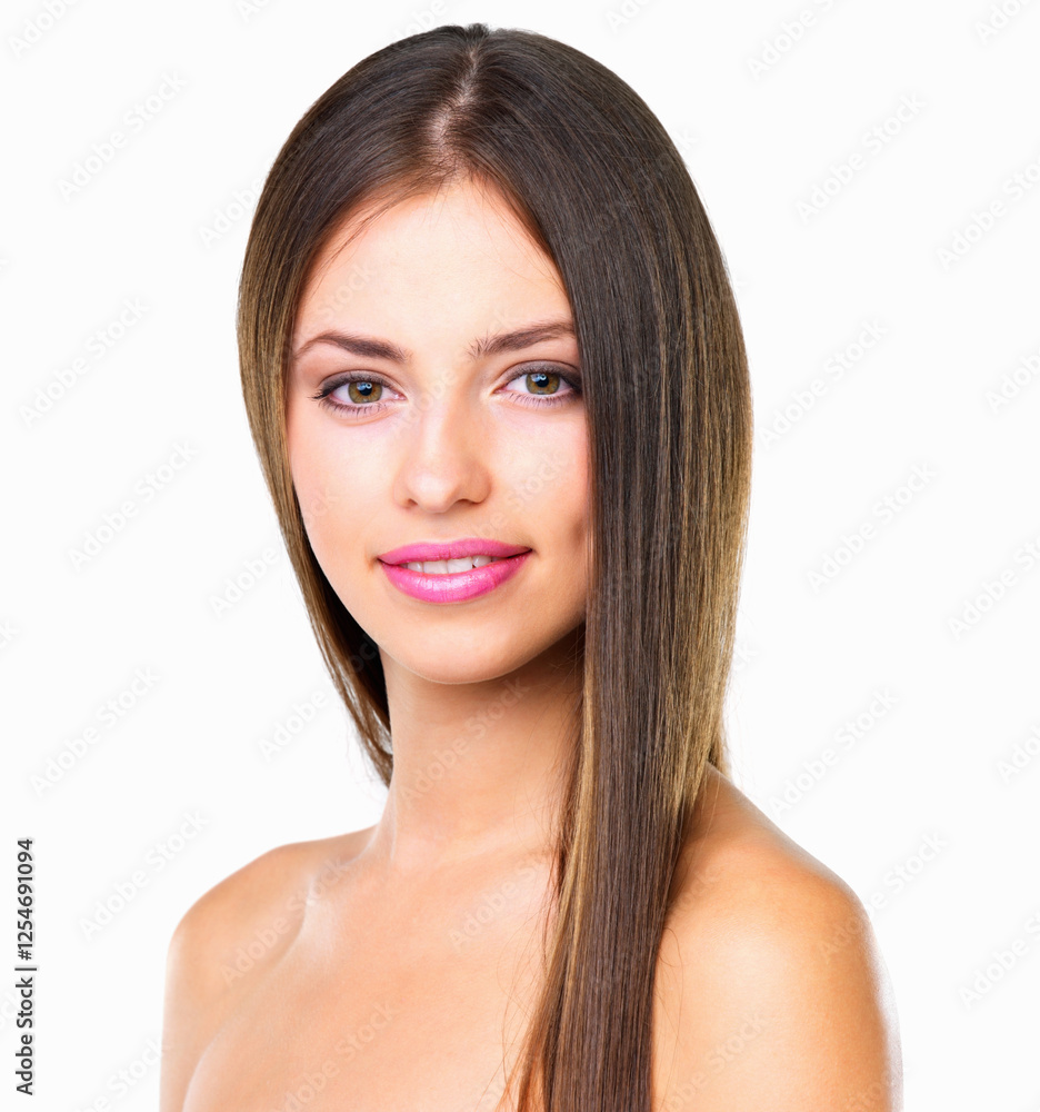 Fototapeta premium Skincare, cosmetics and portrait of woman in studio with natural beauty, confidence and salon facial. Dermatology, makeup and face of girl with smile, skin glow and collagen care on white background.