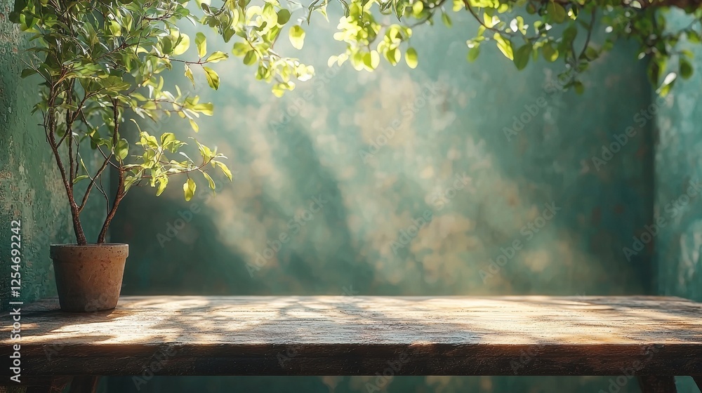Rustic Wooden Table with Plant - Sunny Day Scene Rustic Wooden Table with Plant - Sunny Day Scene