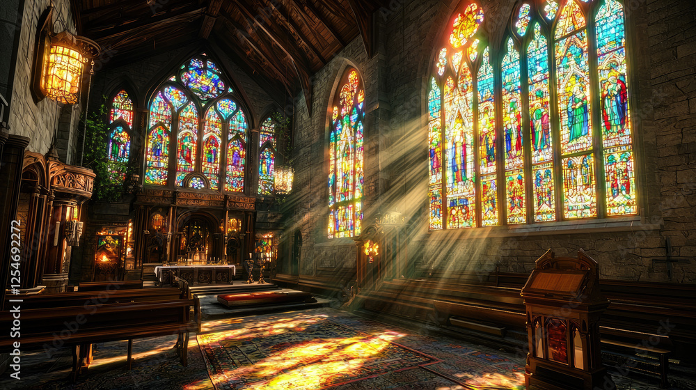 Obraz premium Serene interior of a historic church with stained glass windows and sunlight streaming in
