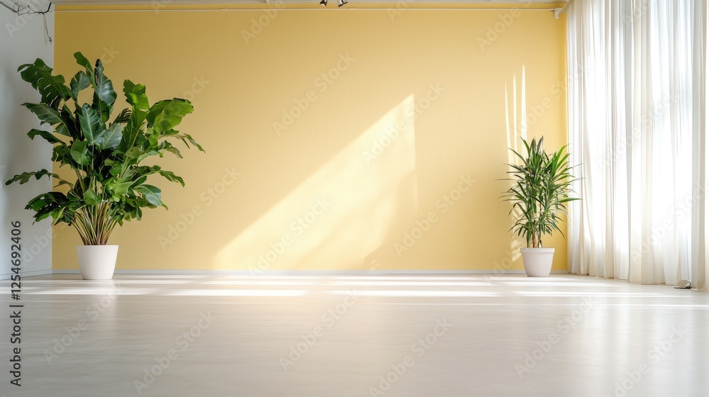 Sunny room, plants, yellow wall, empty floor, interior design Sunny room, plants, yellow wall, empty floor, interior design