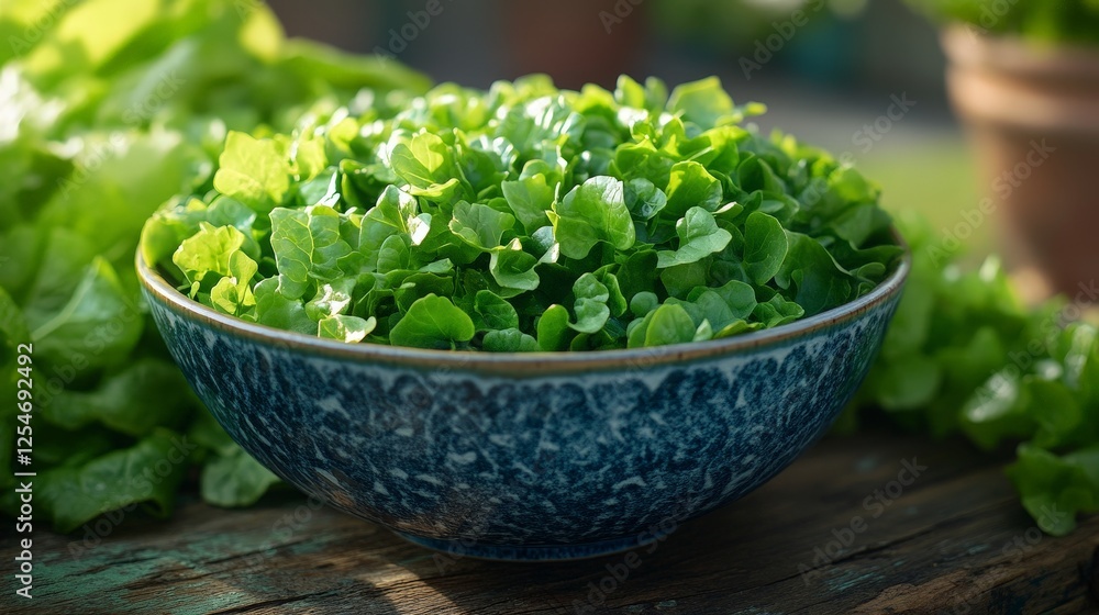 A bowl of fresh green lettuce on a wooden surface, surrounded by leafy greens. A bowl of fresh green lettuce on a wooden surface, surrounded by leafy greens.