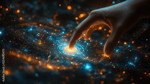 Hand touching cosmic galaxy; abstract; digital art; space exploration photo