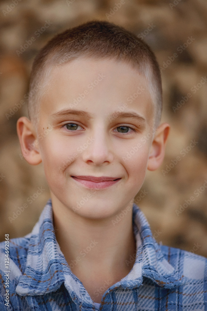 Portrait of a blond teenager. The boy is smiling. The teenager is wearing a checkered shirt. The boy is standing against the background of logs. A village boy. A boy on vacation. The boy is holding a Portrait of a blond teenager. The boy is smiling. The teenager is wearing a checkered shirt. The boy is standing against the background of logs. A village boy. A boy on vacation. The boy is holding a