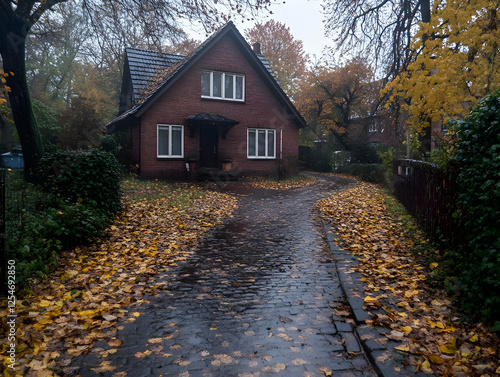 Autumnal Brick House and Cobblestone Path