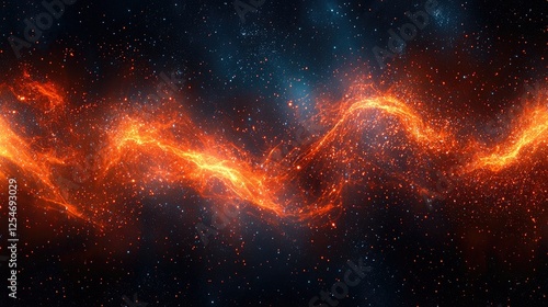 Vibrant cosmic scene showcasing swirling orange and red nebulae against a starry backdrop