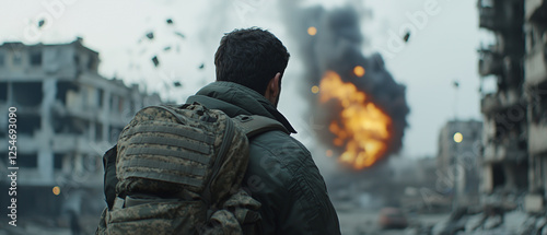 person with backpack watches city explosion in war torn area photo