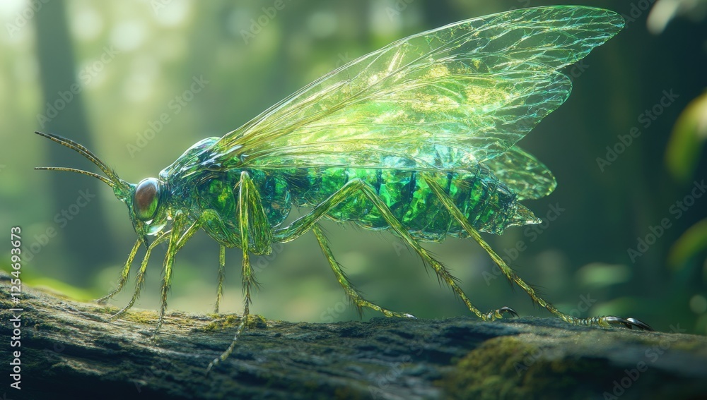 Green insect on branch, forest background, digital art, nature illustration Green insect on branch, forest background, digital art, nature illustration