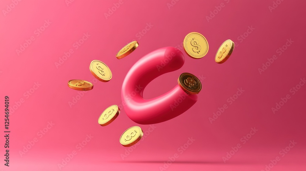Pink magnet attracting gold coins on pink background. Pink magnet attracting gold coins on pink background.