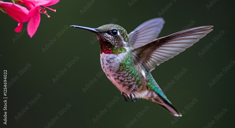 Fototapeta premium Hummingbird Hovering Near Flower with Wings Spread in Natural Habitat