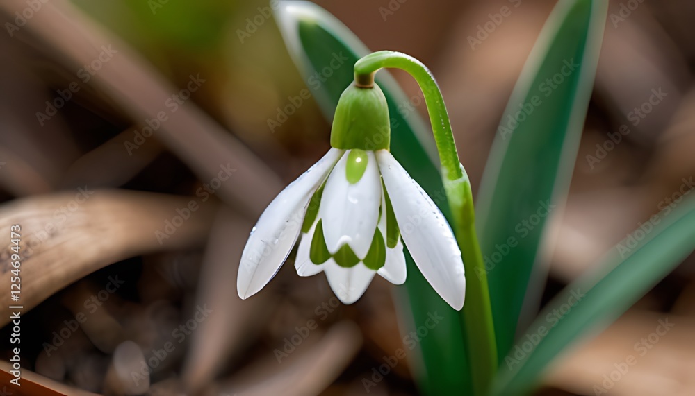 Delicate Snowdrop Revealing Intricate Details with Water Droplets Against Earthy Background with Copy Space