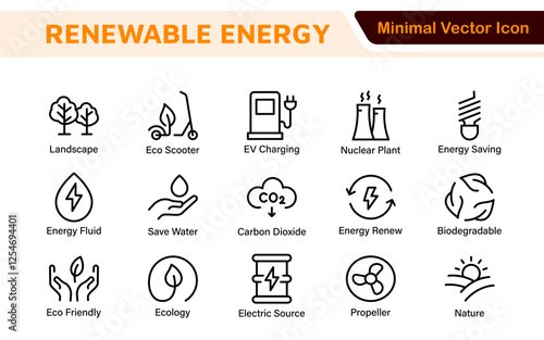Renewable Energy Icon Set. A dynamic collection of icons showcasing sustainable energy solutions, perfect for environmental projects, educational materials, and green technology applications.