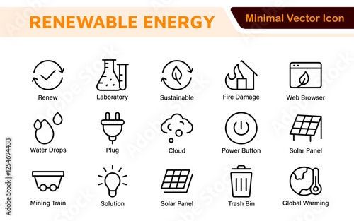 Renewable Energy Icon Set. A dynamic collection of icons showcasing sustainable energy solutions, perfect for environmental projects, educational materials, and green technology applications.