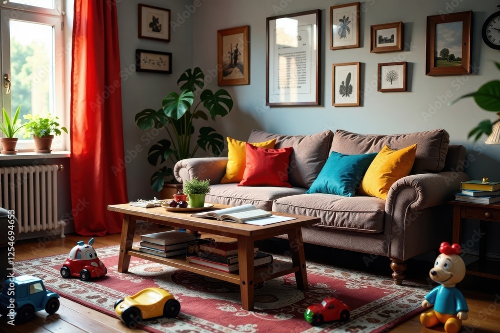 Fototapeta premium Overstuffed sofa, toys strewn across floor, cluttered coffee table, room, furniture