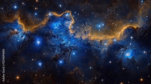 Stunning cosmic landscape featuring vibrant blue nebulae and bright stars in deep space