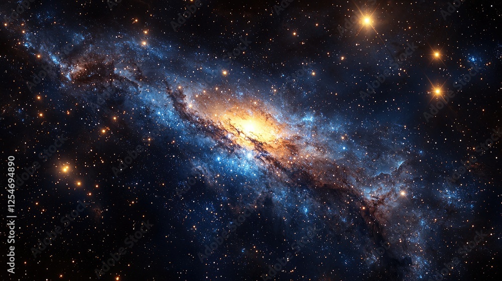 Naklejka premium Stunning cosmic view of a spiral galaxy illuminated by vibrant stars and swirling gas clouds