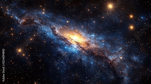 Stunning cosmic view of a spiral galaxy illuminated by vibrant stars and swirling gas clouds