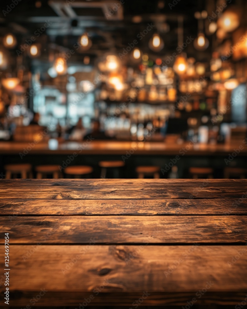 Empty wooden table in front of blurred bar with warm lights and stools creating a cozy ambiance Empty wooden table in front of blurred bar with warm lights and stools creating a cozy ambiance