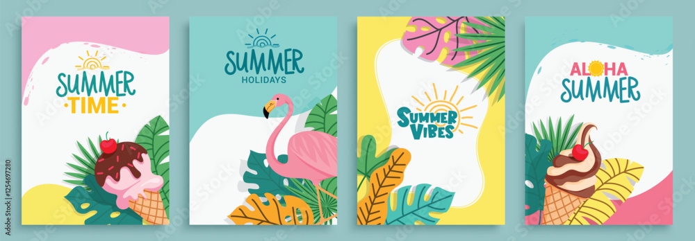 Fototapeta premium Summer time clipart poster set. Summer greeting card clip art with flamingo, ice cream and tropical leaves elements in colorful background collection vector illustration. 