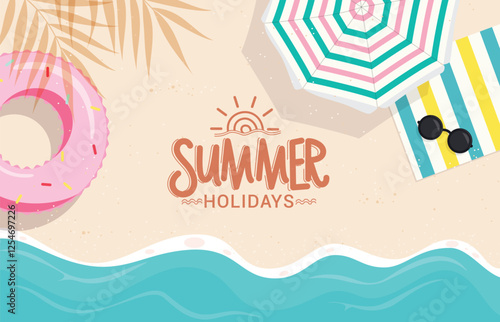 Summer beach greeting clipart design. Summer seashore top view clip art with floater, umbrella, mat and swimming elements vector illustration. 
