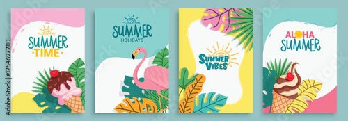 Summer time clipart poster set. Summer greeting card clip art with flamingo, ice cream and tropical leaves elements in colorful background collection vector illustration.
