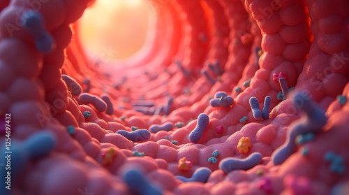 Intestinal Microbiome Illustration: Gut Flora, Microorganisms, and Villi in a Detailed, Medical-Style Rendering of the Human Digestive System Interior