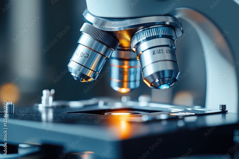 Modern medical microscope is analyzing sample in laboratory. Close-up view Modern medical microscope is analyzing sample in laboratory. Close-up view