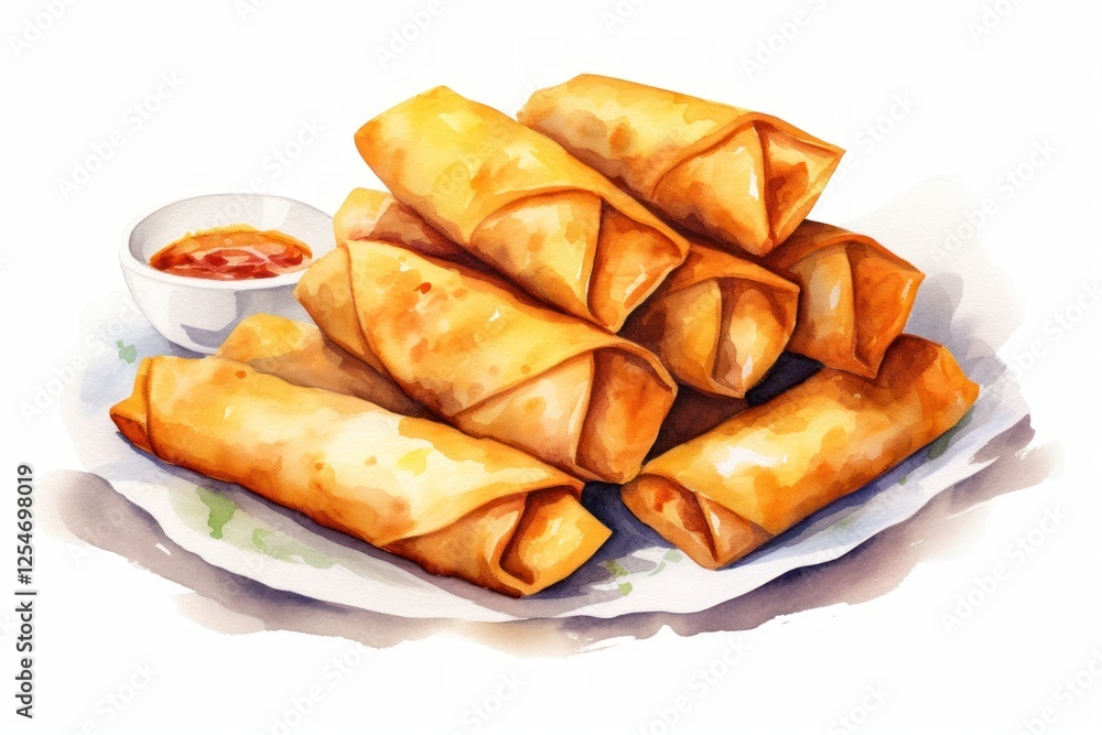 Watercolor fried spring rolls bread food condiment. Watercolor fried spring rolls bread food condiment.
