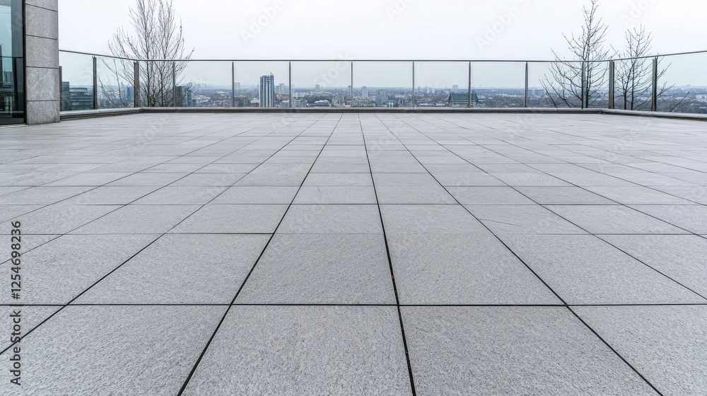 Fototapeta premium Empty modern rooftop terrace with grey tiled floor and glass railing overlooking a distant city skyline under an overcast sky.