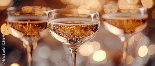 Elegant champagne glasses with bubbles and lights.