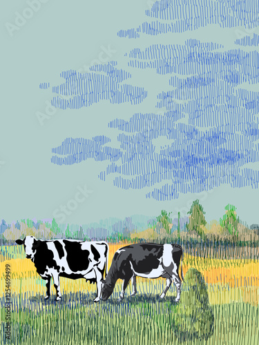 Beautiful farm landscape with cows hand drawing sketch vector illustration. Vintage villagge animal rural farming background.