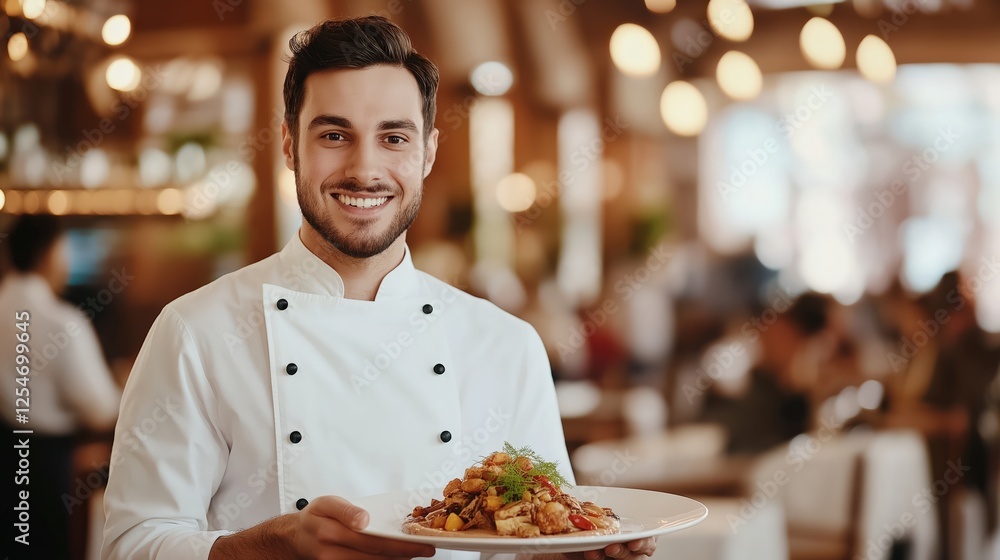 Smiling chef holds out his dish in restaurant Smiling chef holds out his dish in restaurant