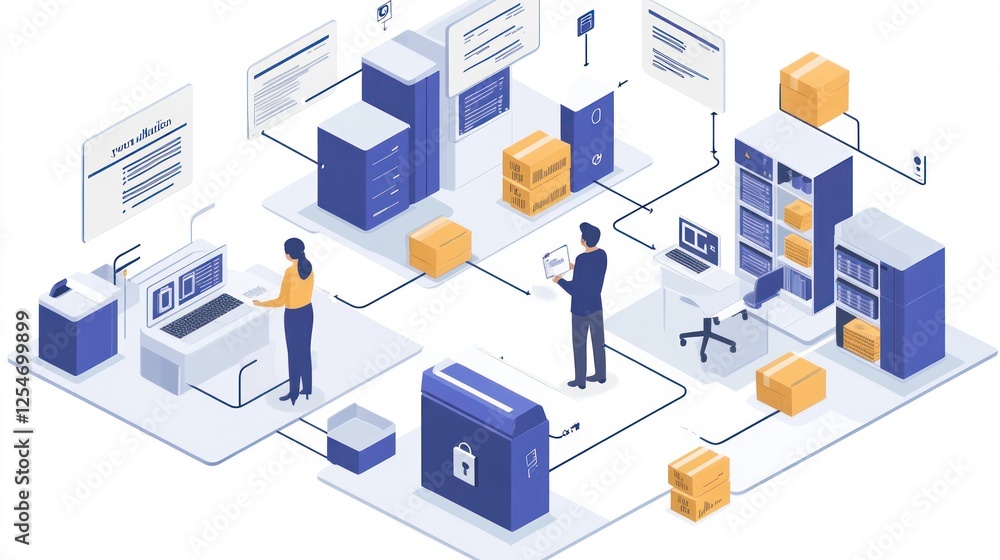 Isometric illustration of a supply chain management system. Isometric illustration of a supply chain management system.
