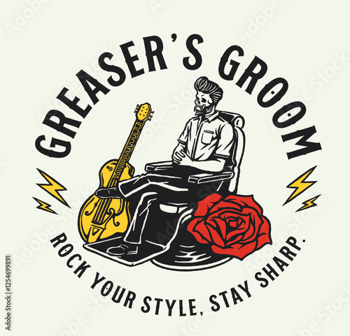 A vintage rockabilly-style barbershop logo, featuring a greaser sitting with a guitar, styled in classic tattoo aesthetics. A perfect emblem for barbershops and retro-themed branding.