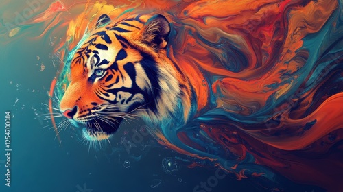 Abstract Vortex: Create an abstract vortex design that incorporates the forms of a tiger, parrot, and dolphin, swirling in vibrant colors.