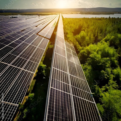 Paneles solares en medio de un exuberante bosque verde, brillando bajo la brillante luz del sol, mostrando la armonía entre la naturaleza y la tecnología. photo