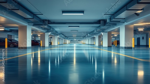 Spacious modern parking garage interior view.