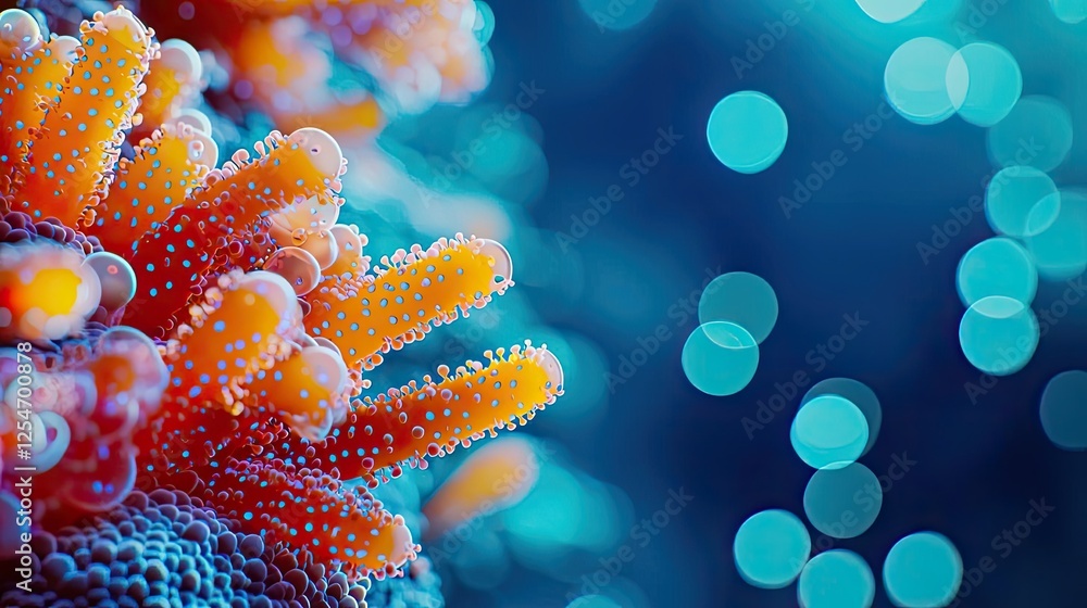 Naklejka premium Microscopic ocean life microscopic concept. Close-up of vibrant coral with soft blue bokeh background, showcasing underwater beauty.