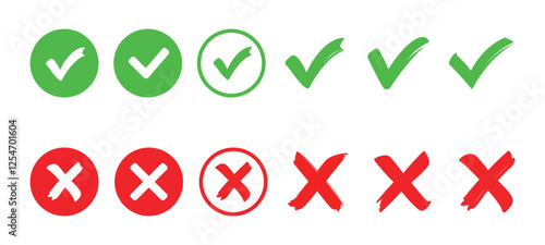 Tick and cross mark set. Collection of Green Checkmarks and Red Crosses Isolated on White Background. Vector illustration of right and wrong signs.