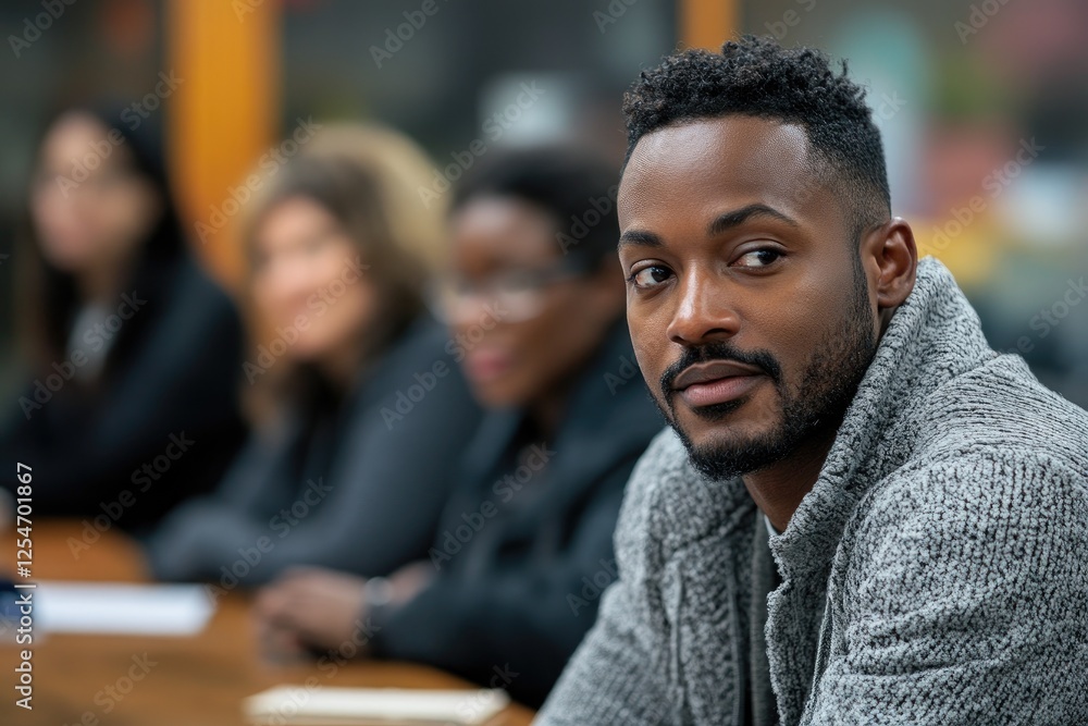 Young african american man sitting in business meeting with coworkers Young african american man sitting in business meeting with coworkers