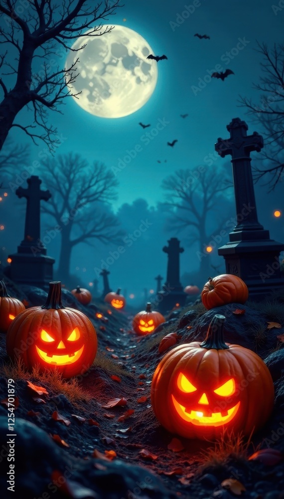 Glowing pumpkins illuminate tombstones, bats swirl overhead , haunted, fog Glowing pumpkins illuminate tombstones, bats swirl overhead , haunted, fog