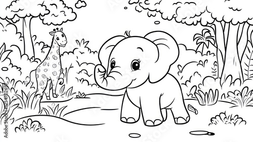 Cartoon baby elephant and giraffe in jungle coloring page photo