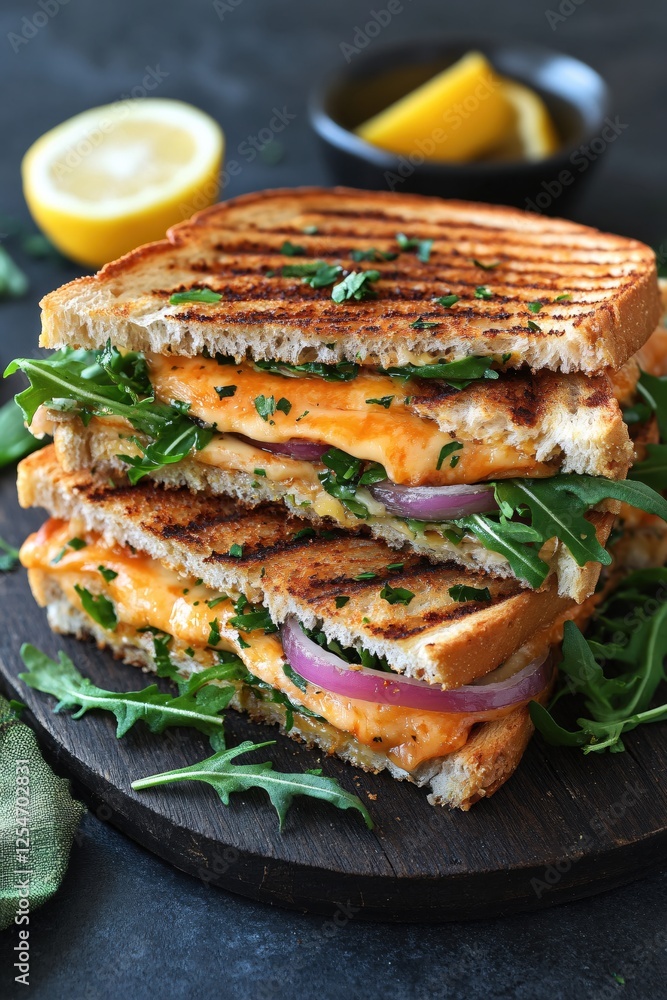 Stacked grilled cheese sandwich with arugula and red onion on a dark wooden board Stacked grilled cheese sandwich with arugula and red onion on a dark wooden board